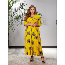 Распродаж! Штапельна жіноча довга літня сукня розмір один 52-60 принт ромб жовте
