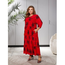 Распродаж! Штапельна жіноча довга літня сукня розмір один 52-60 принт ромб червоний