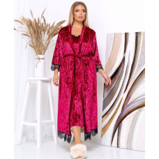 Жіночий велюровий комплект довга сорочка та халат з мереживом 