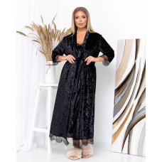 Жіночий велюровий комплект довга сорочка та халат колір чорний